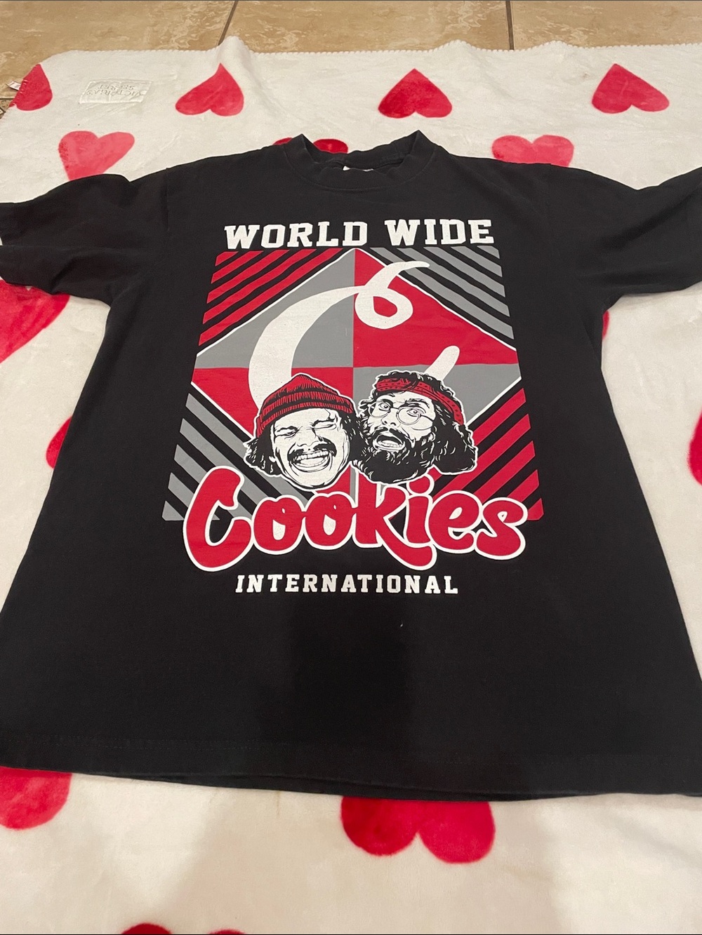 Black Graphic Tee with Red & Gray 'Cookies' Design